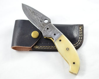 Amazing Damascus Bladed Camel Bone Handled Pen/Pocket Knife With Leather Sheath