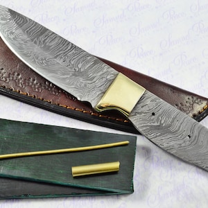 Knife Making Kit!  Fantastic Damascus Steel Hunting/Bowie/Bushcraft Knife Micarta Scales Unbelievable Piece Pristine inc Leather Sheath
