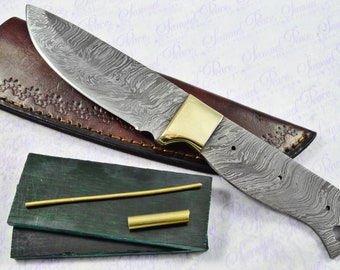 Knife Making Kit!  Fantastic Damascus Steel Hunting/Bowie/Bushcraft Knife Micarta Scales Unbelievable Piece Pristine inc Leather Sheath
