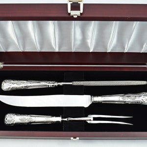 Henry Howson Rare Wooden Cased Sterling Silver Handled 3 Piece Carving Set Kings Pattern 1877