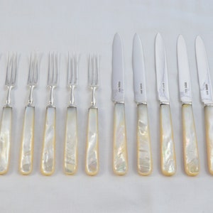 James Dixon & Sons 6 Pairs of Mother of Pearl Fruit Knives and Forks made in Sheffield 1926 Pristine