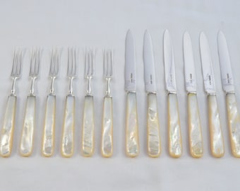 James Dixon & Sons 6 Pairs of Mother of Pearl Fruit Knives and Forks made in Sheffield 1926 Pristine