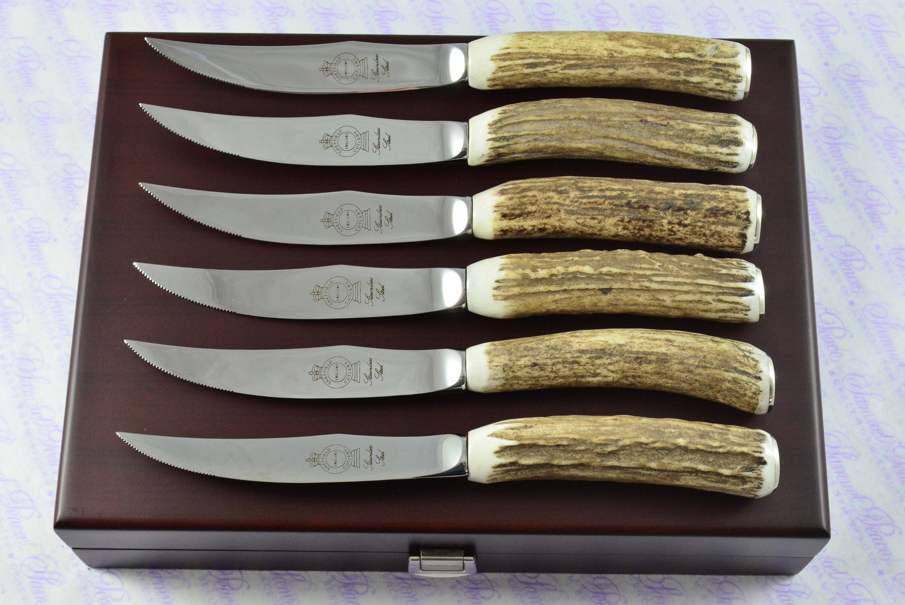 6 Steak Knives Armack Faux Antler Plastic & Stainless Steel Flatware England