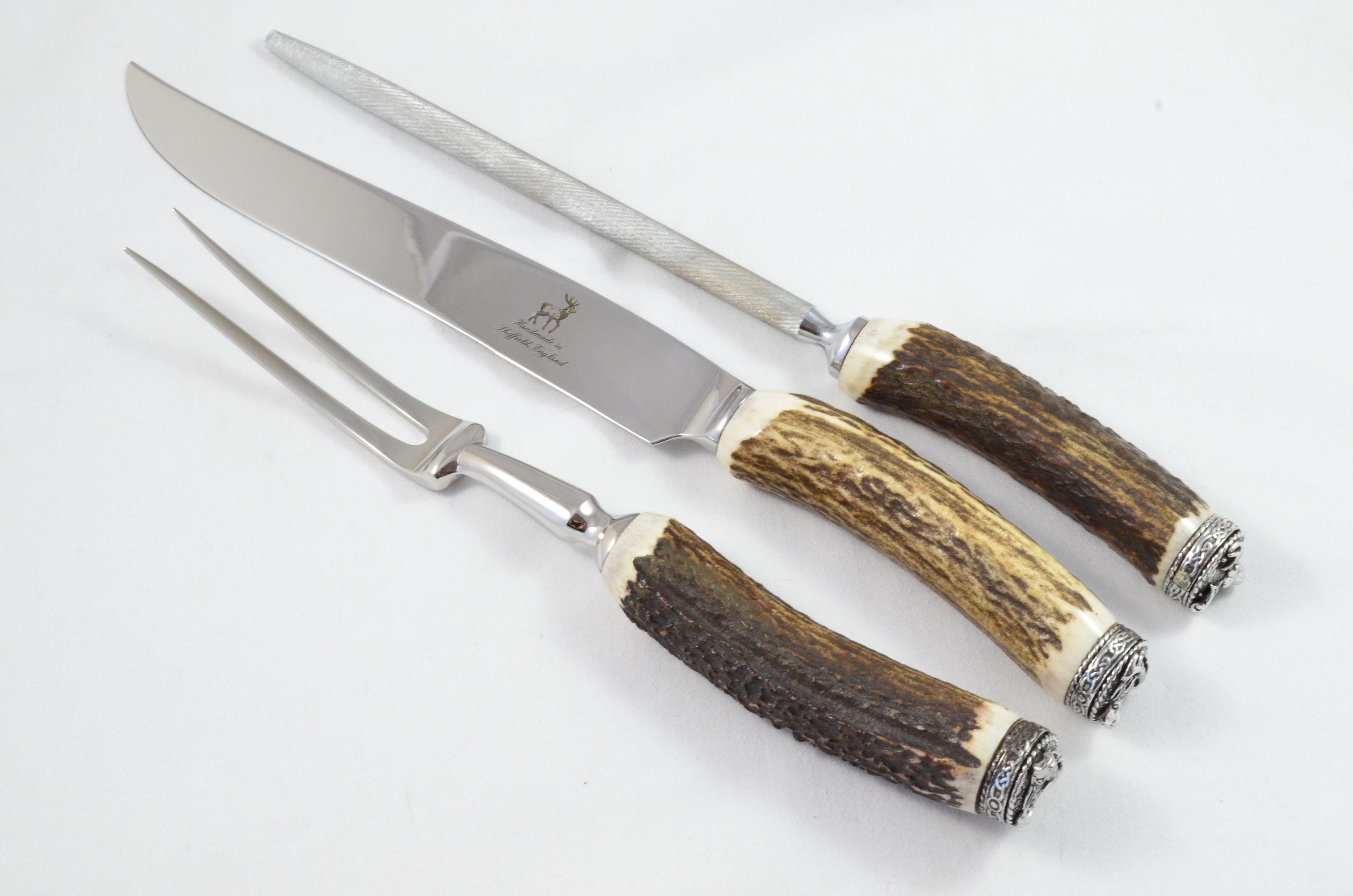 Genuine Stag/antler Handle 3 Piece Carving Set Cased Made in  Genuine Stag/Antler Handle 3 Piece Carving Set - Made In Sheffield England main image 1