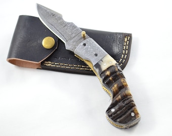 Amazing Damascus Blade Rams Horn Handled Pen/Pocket Knife With Leather Sheath