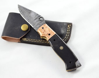 Amazing Damascus Bladed Water Buffalo Horn Handled Pen/Pocket Knife With Leather Sheath