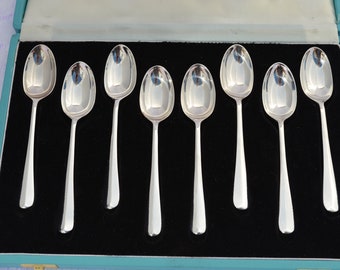 8 Rare Rattail Sterling Silver Teaspoons Hallmarked Various Assay Offices 1970 Roberts and Belk