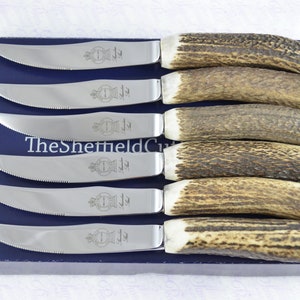 Six Genuine Stag/Antler Handle Steak Knives Boxed Made In Sheffield England