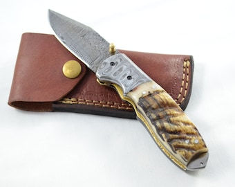 Amazing Damascus Blade Rams Horn Handled Pen/Pocket Knife With Leather Sheath