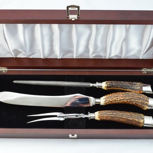 Amazing Mappin & Webb Stag Handled Sterling Silver 3 Piece Carving Set Dated 1903