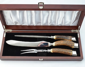 Amazing Mappin & Webb Stag Handled Sterling Silver 3 Piece Carving Set Dated 1903