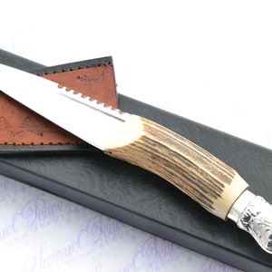 New Genuine Stainless Steel Stag Horn Antler Handle Sheffield Sgian Dubh with Leather Sheath & Silver Cap Boxed Free Initials Engraving