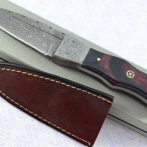 New Genuine Damascus Steel Bespoke Full Tang Red & Black Micarta Handle Sheffield Sgian Dubh with Leather Sheath Boxed