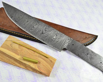 Kitchen Knife Making Kit!  Fantastic Damascus Steel Chef's Knife Olive Wood Scales Unbelievable Piece Pristine Leather Sheath