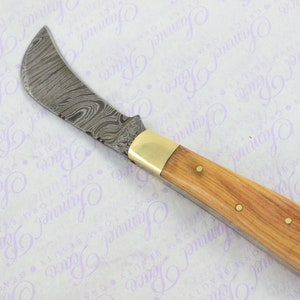 May include: A Damascus steel blade knife with a curved blade and a wooden handle. The handle is light brown with brass rivets and a brass bolster. The knife is designed for gardening or crafts.