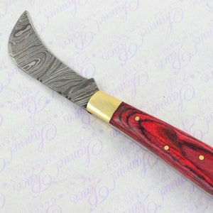 May include: A curved, Damascus steel blade with a red wood handle and brass accents. The knife has a decorative pattern on the blade and a red wood handle with brass accents.