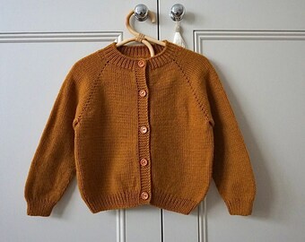 Cárdigan de invierno tejido a mano para niños de 2 a 3 años / Lana merino / Unisex / Bebé niña / Niño pequeño / Naranja quemado