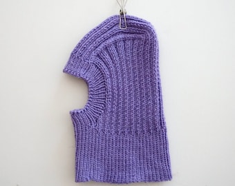 Pasamontañas / bufanda / gorro de invierno tejido a mano para bebé / niño pequeño / talla 4-6 M / morado / lana merino