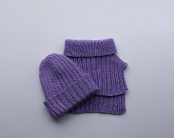 Conjunto de gorro y calentador de cuello de merino para bebé / 6-12 meses / Género neutro / Violeta