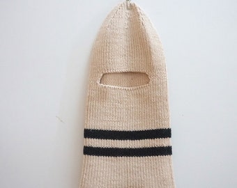 Pasamontañas unisex de lana merino, multiusos, ecológico, blanco con rayas negras