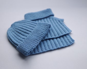 Conjunto de gorro y calentador de cuello de merino para bebé / 6-12 meses / Género neutro / Azul cielo