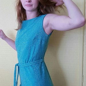Seafoam Green Vintage 1960s Lurex stretchy knee length sheath dress