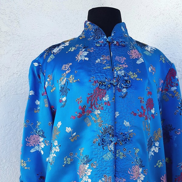 Bright Royal Blue Reversible Chinese Satin Brocade Jacket with Mandarin Collar perfect Bohemian Fall Coat