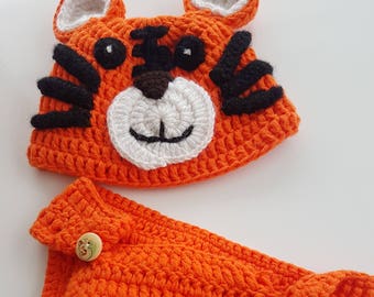 Hand Crochet Baby Tiger Costume: Hat and Diaper Cover, Photo Prop