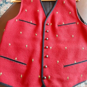 Men&#39;s German Style Traditional Men&#39;s Vintage Old Stock Grasegger Wine Red Embroidered Vest with Metal Detail Perfect for Steampunk Wedding