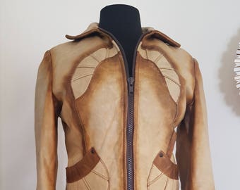 Cool 1970 Bohemian Fall Weather Brown Leather Woman's Motorcycle Style Jacket