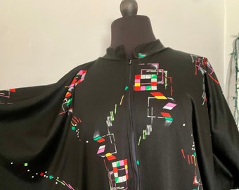 Vintage Mystical unique 1970’s black polyester Muu muu Kaftan with sacred geometry print in bold colours O/S perfect comfortable lounging