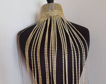 Glamorous Egyptian Long Gold Faux Rhinestone plastic Festival Choker with Fringe perfect Bohemian Festival Clothing Costume for Burning Man