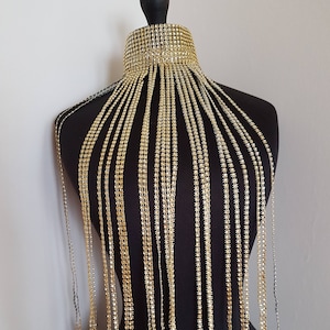 Glamorous Egyptian Long Gold Faux Rhinestone plastic Festival Choker with Fringe perfect Bohemian Festival Clothing Costume for Burning Man