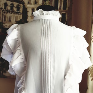 White High Necked Ruffled Polyester Short Sleeved Vintage Summer Secretary Blouse perfect Retro Pinup Girl Style