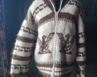 Men's large hand knit vintage wool Cowichan sweater with Thunderbird