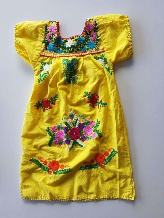 Bright Yellow Boho Embroidered Mexican Girls Summ… - image 1