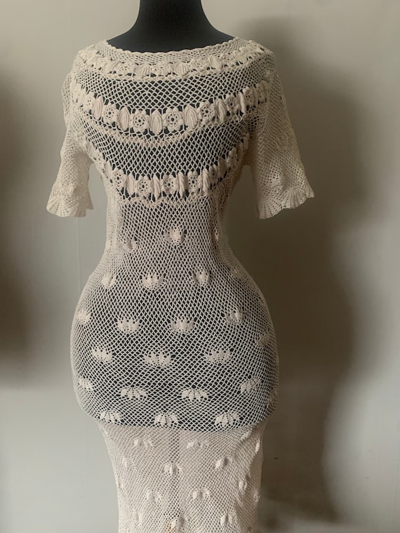 1940s Hand Crochet Vintage Wedding Dress: Ecru Cotton, Fits 36" Bust