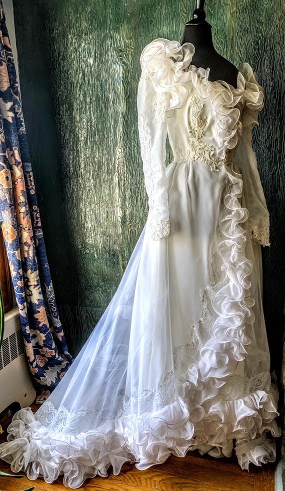 Vintage 1980s Handmade White Wedding Dress with Long Train & Elegant Embellishments