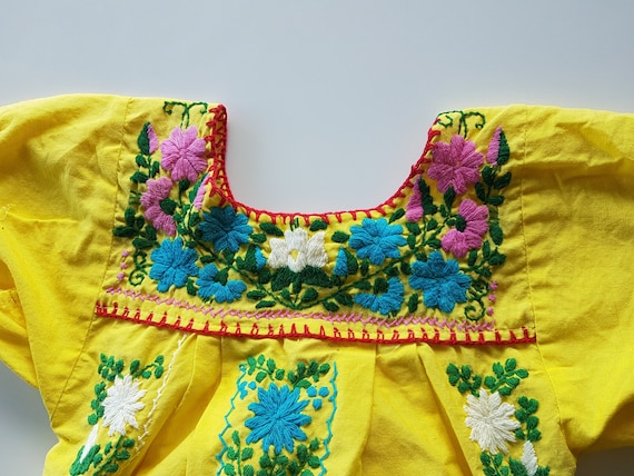 Bright Yellow Boho Embroidered Mexican Girls Summ… - image 2