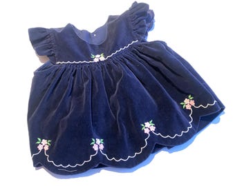 Vintage 80s Navy Velvet Baby Dress (0-3 Months) Embroidered Flowers