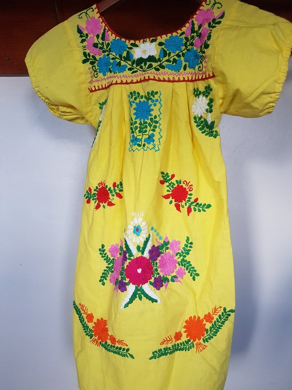 Bright Yellow Boho Embroidered Mexican Girls Summ… - image 3