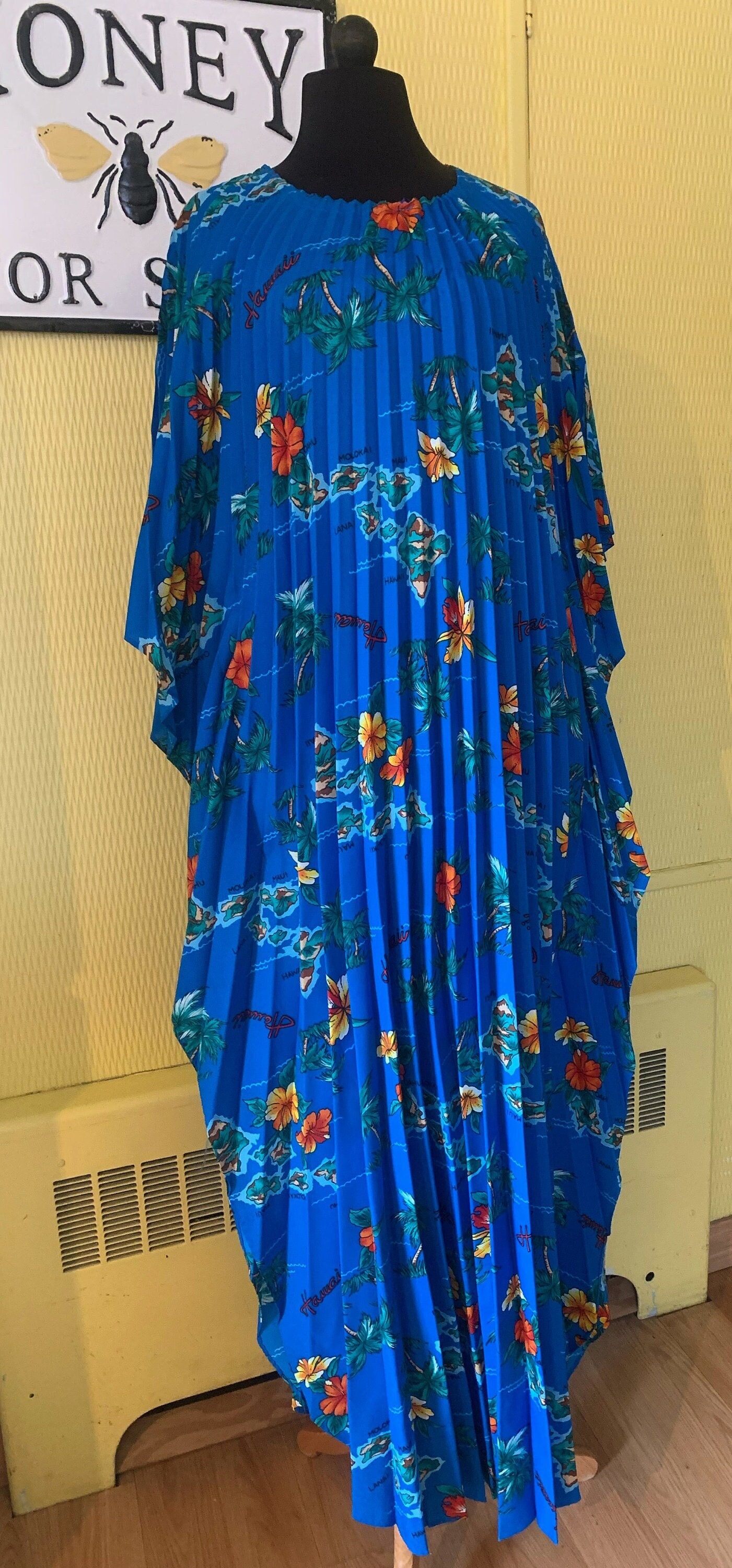 1970年代ヴィンテージハワイアンムームー：ブルーハイビスカスパーム