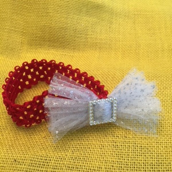 Red woven mesh headband with white glitter bow for dolls