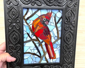 RED CARDINAL Bird in Winter - Glass Mosaic Artwork by artist MosaicsByKarla