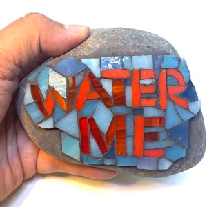 Può includere: Una roccia grigia con un design a mosaico che dice "WATER ME" in piastrelle rosse e arancioni su uno sfondo blu.