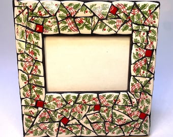 CHRISTMAS VINTAGE Broken Crockery Picture Frame Handmade  Mosaic Artwork by artist MosaicsByKarla