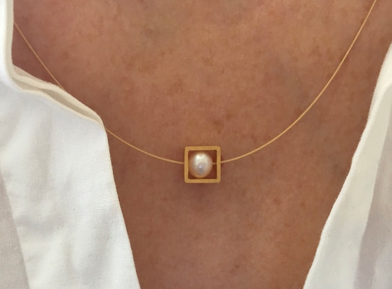 Pearl Necklace. Freshwater Pearl in a Gold Square on a Wire of Gold. You Can Vary the Lenght by Yourself. Etsy