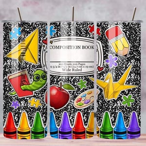 May include: A stainless steel tumbler with a black and white composition book design. The tumbler features colorful school-themed graphics, including a paper airplane, pencil, apple, and crayons. The tumbler is 9 3/4 inches tall.