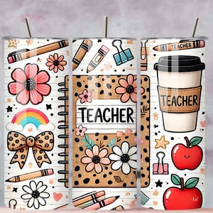 May include: A set of three stainless steel tumblers with teacher-themed designs. Each tumbler features a different design, including a notebook, a coffee cup, and various school supplies. The tumblers are decorated with flowers, apples, and the word "Teacher".