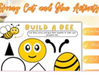 Peut inclure: Une feuille d'activité imprimable "Construis une abeille" avec une illustration d'abeille jaune et des formes à découper. Le texte "Spring Cut and Glue Activity" est en haut. Comprend les mots "Download", "Print" et "Cut" sur le côté droit.